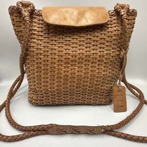 Vtg CEM Brown Tan Genuine Leather Basket weave Shoulder Bag Purse Made In Brazil